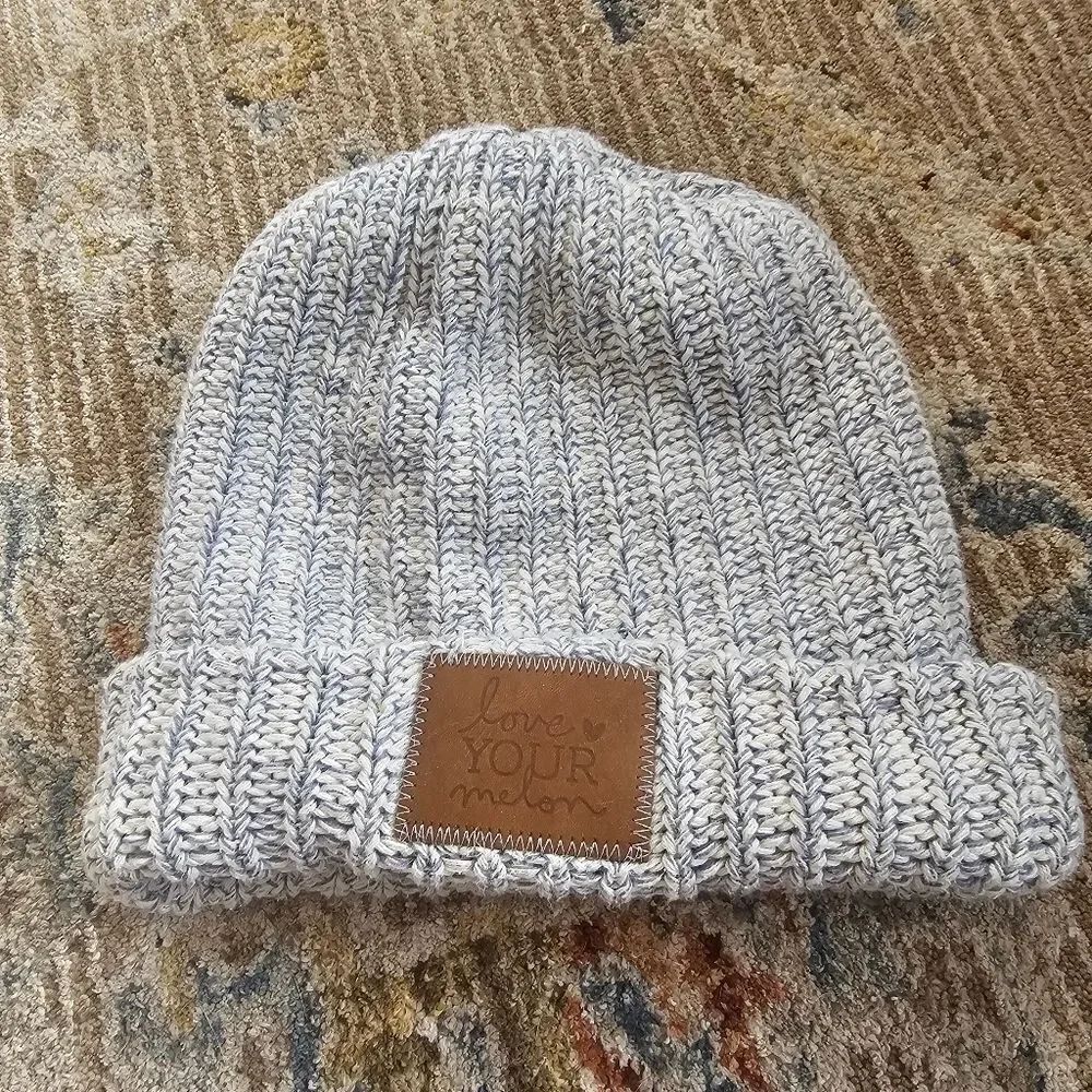 Love Your Melon Beanie With Brown Leather Patch. Blue And White